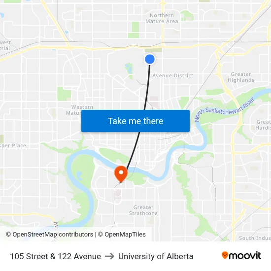 105 Street & 122 Avenue to University of Alberta map