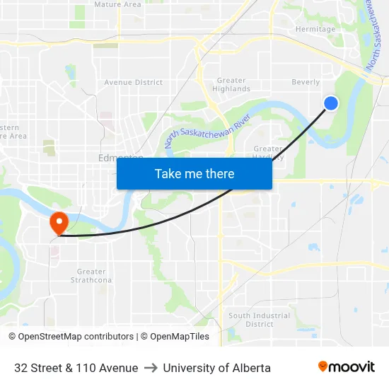 32 Street & 110 Avenue to University of Alberta map