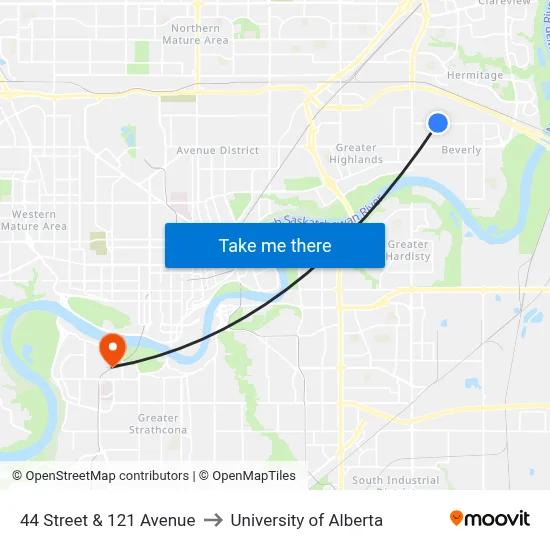 44 Street & 121 Avenue to University of Alberta map