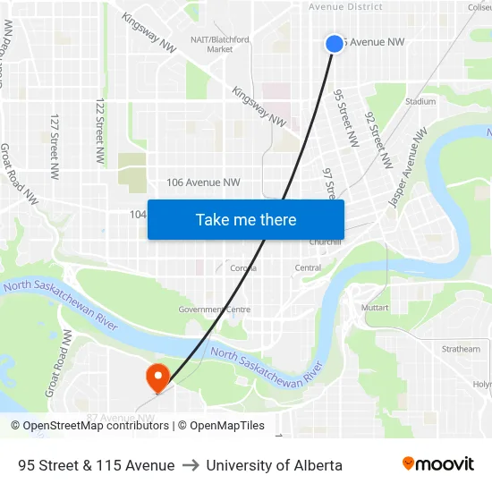 95 Street & 115 Avenue to University of Alberta map