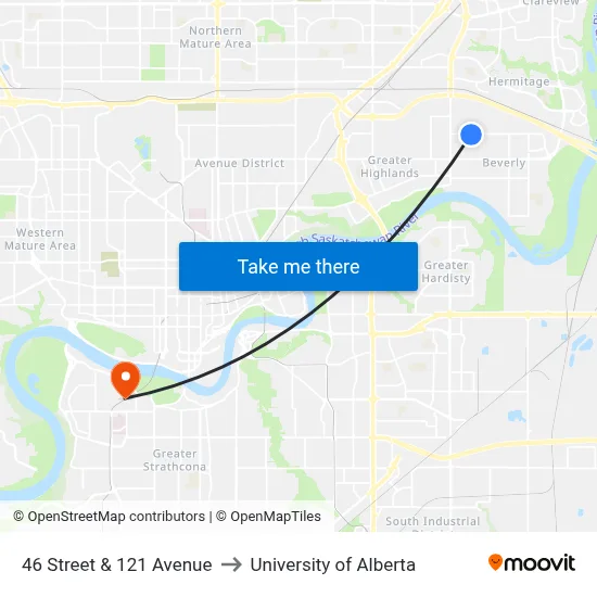 46 Street & 121 Avenue to University of Alberta map