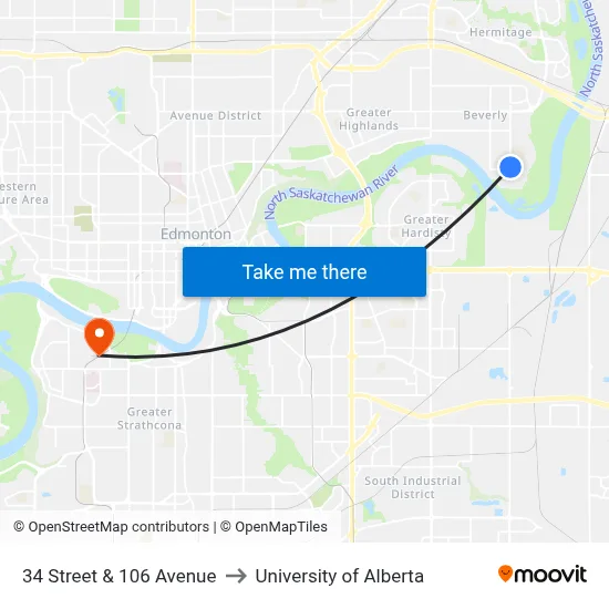 34 Street & 106 Avenue to University of Alberta map