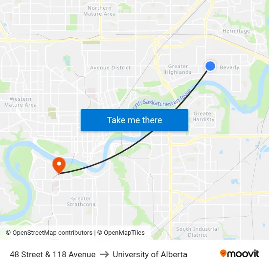 48 Street & 118 Avenue to University of Alberta map