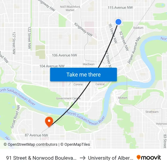 91 Street & Norwood Boulevard to University of Alberta map