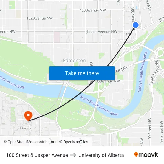 100 Street & Jasper Avenue to University of Alberta map