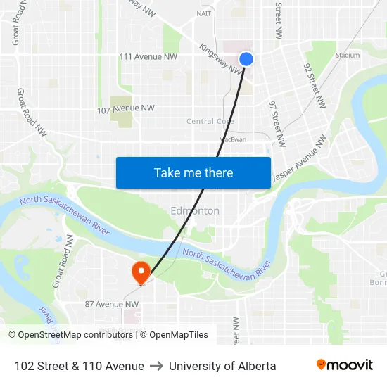 102 Street & 110 Avenue to University of Alberta map