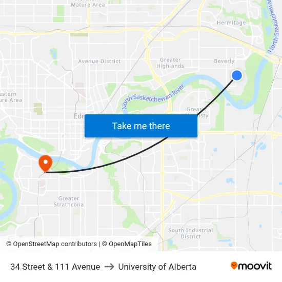 34 Street & 111 Avenue to University of Alberta map