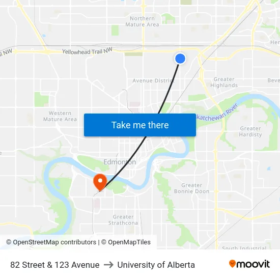 82 Street & 123 Avenue to University of Alberta map