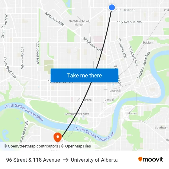 96 Street & 118 Avenue to University of Alberta map