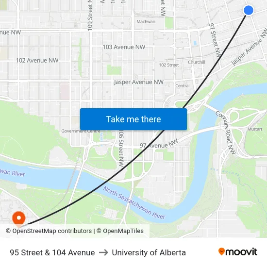 95 Street & 104 Avenue to University of Alberta map