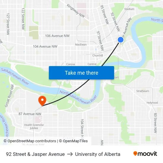 92 Street & Jasper Avenue to University of Alberta map