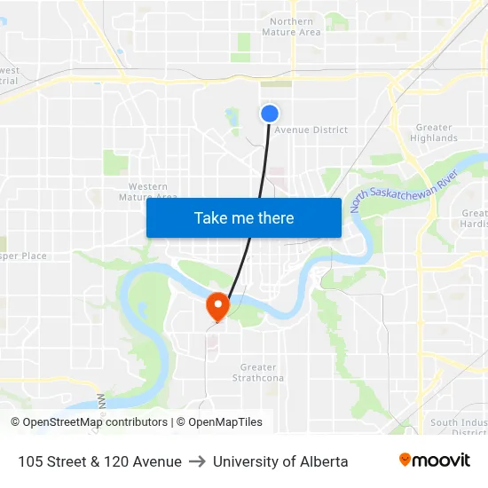 105 Street & 120 Avenue to University of Alberta map