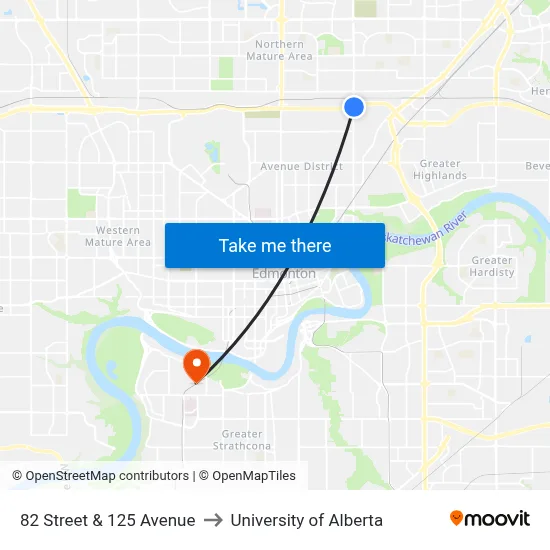 82 Street & 125 Avenue to University of Alberta map