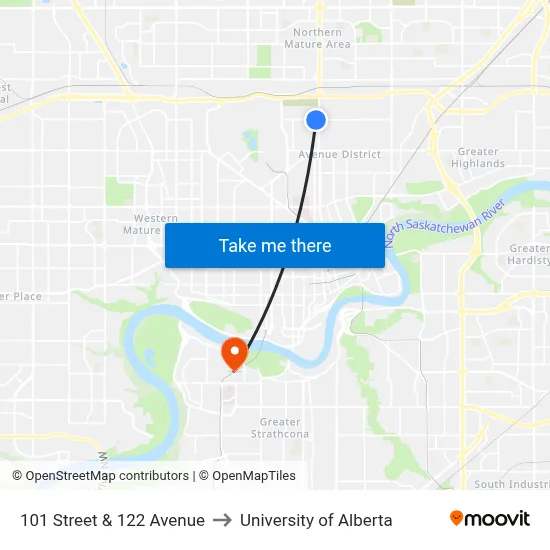 101 Street & 122 Avenue to University of Alberta map