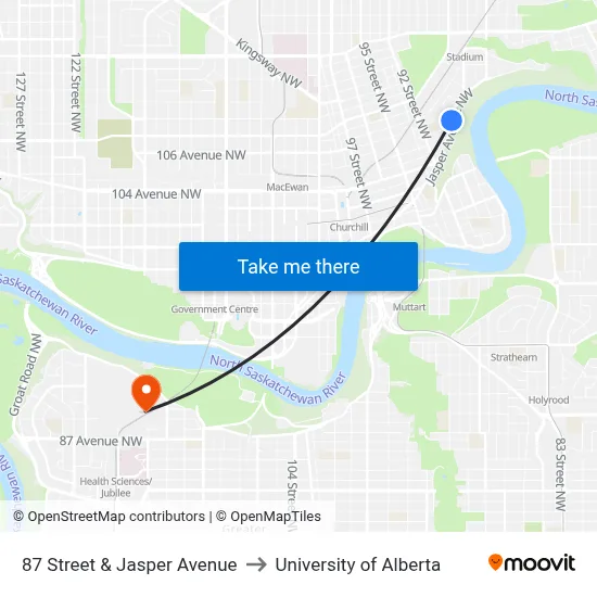 87 Street & Jasper Avenue to University of Alberta map