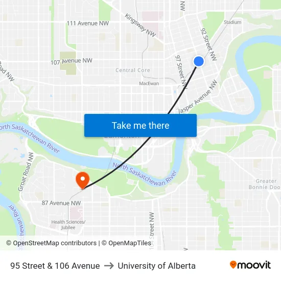 95 Street & 106 Avenue to University of Alberta map
