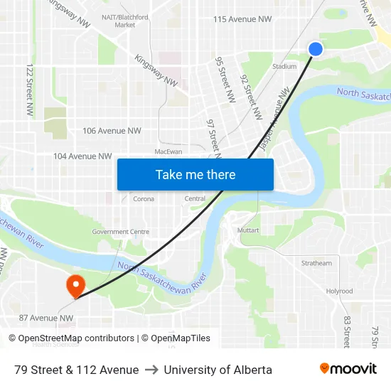 79 Street & 112 Avenue to University of Alberta map