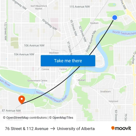 76 Street & 112 Avenue to University of Alberta map