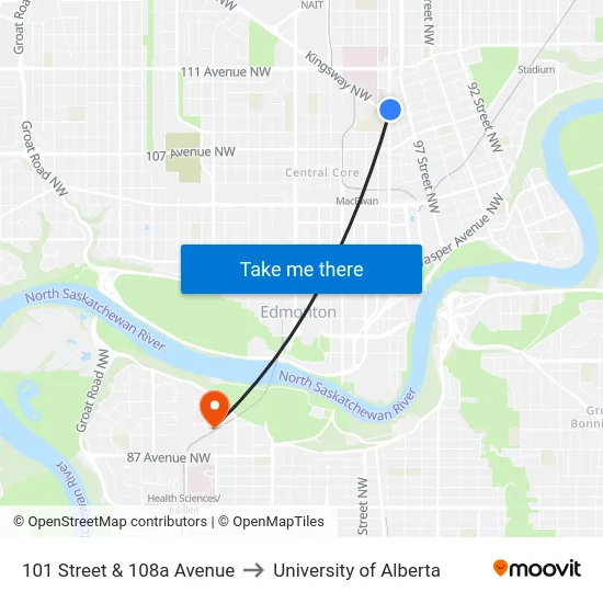 101 Street & 108a Avenue to University of Alberta map