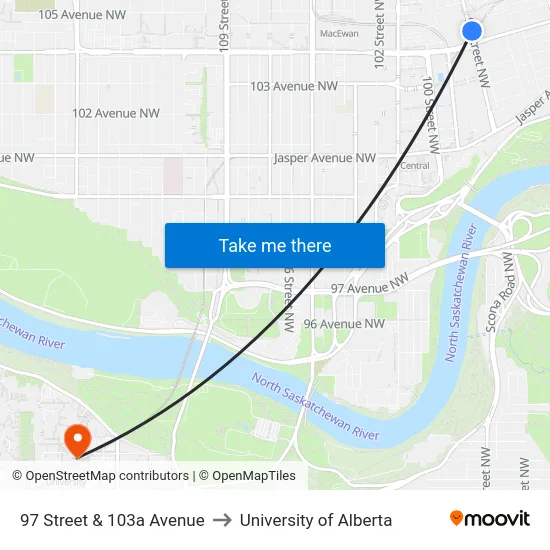 97 Street & 103a Avenue to University of Alberta map