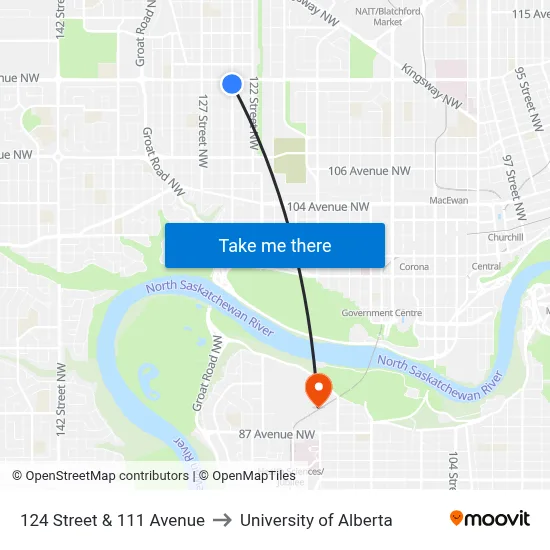 124 Street & 111 Avenue to University of Alberta map