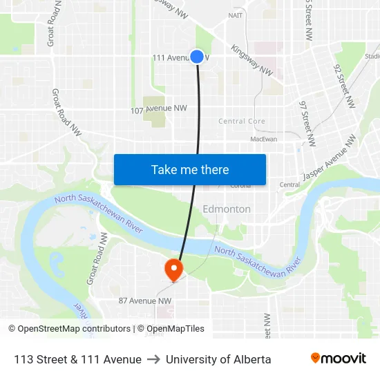 113 Street & 111 Avenue to University of Alberta map