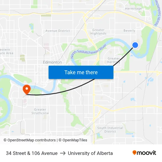 34 Street & 106 Avenue to University of Alberta map