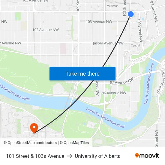 101 Street & 103a Avenue to University of Alberta map