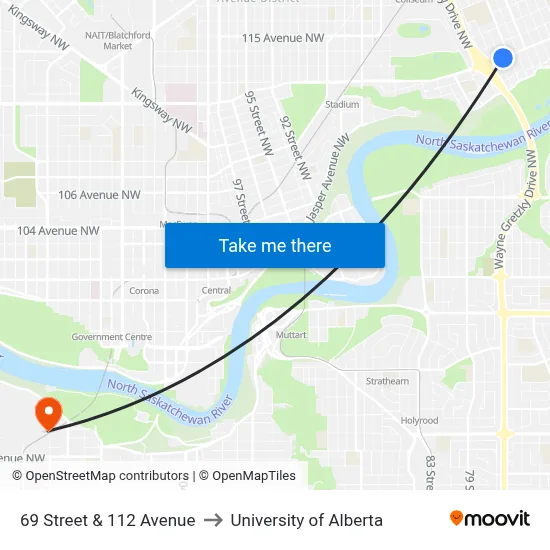 69 Street & 112 Avenue to University of Alberta map