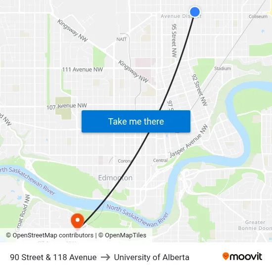 90 Street & 118 Avenue to University of Alberta map