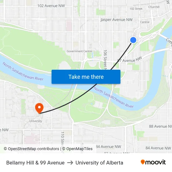 Bellamy Hill & 99 Avenue to University of Alberta map