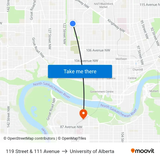 119 Street & 111 Avenue to University of Alberta map