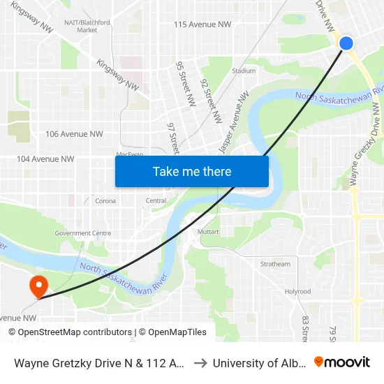 Wayne Gretzky Drive N & 112 Avenue to University of Alberta map