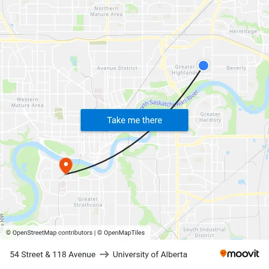 54 Street & 118 Avenue to University of Alberta map