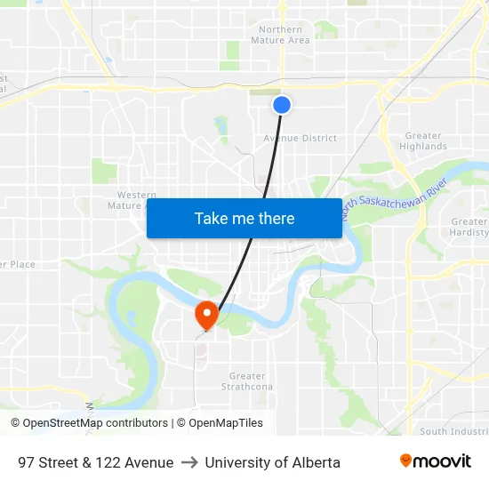 97 Street & 122 Avenue to University of Alberta map