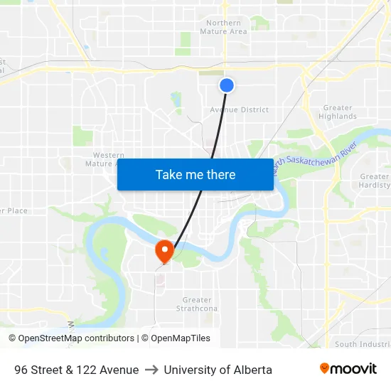 96 Street & 122 Avenue to University of Alberta map