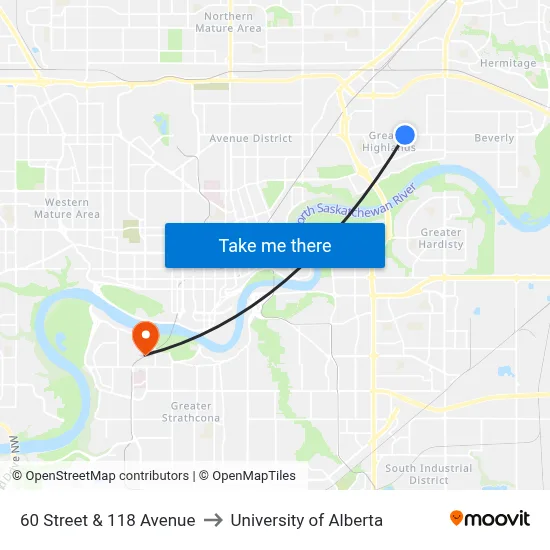 60 Street & 118 Avenue to University of Alberta map