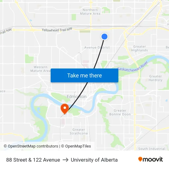 88 Street & 122 Avenue to University of Alberta map