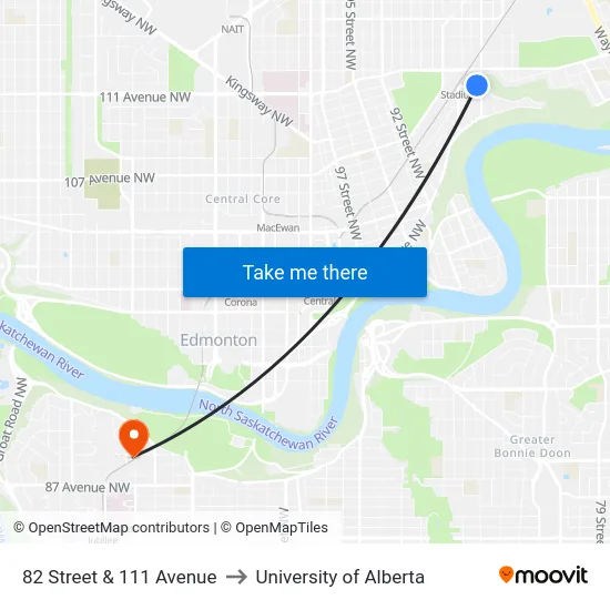 82 Street & 111 Avenue to University of Alberta map