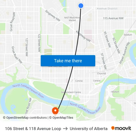 106 Street & 118 Avenue Loop to University of Alberta map