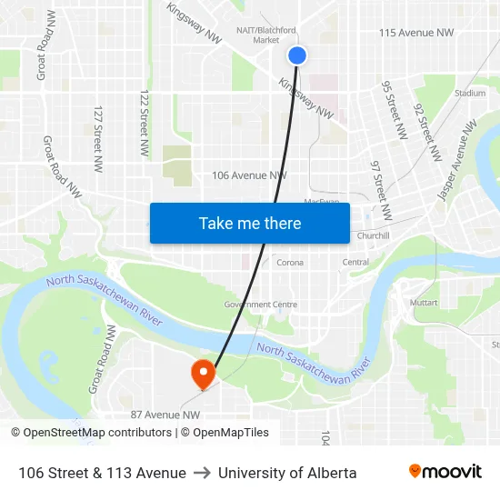 106 Street & 113 Avenue to University of Alberta map