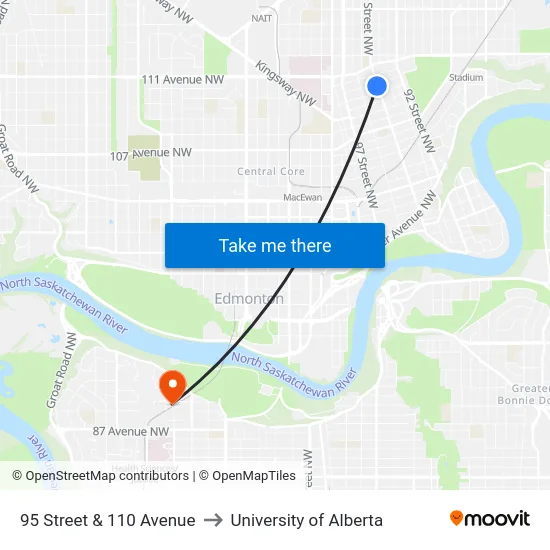 95 Street & 110 Avenue to University of Alberta map