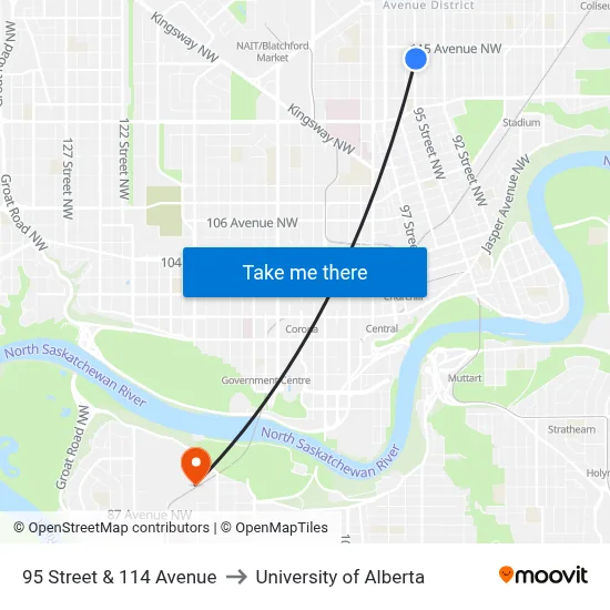 95 Street & 114 Avenue to University of Alberta map