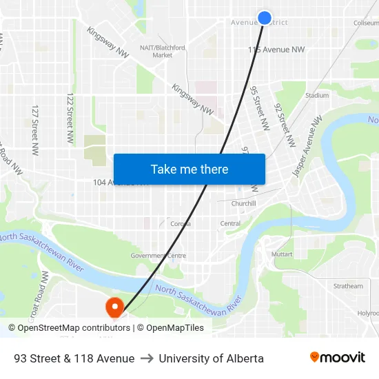 93 Street & 118 Avenue to University of Alberta map