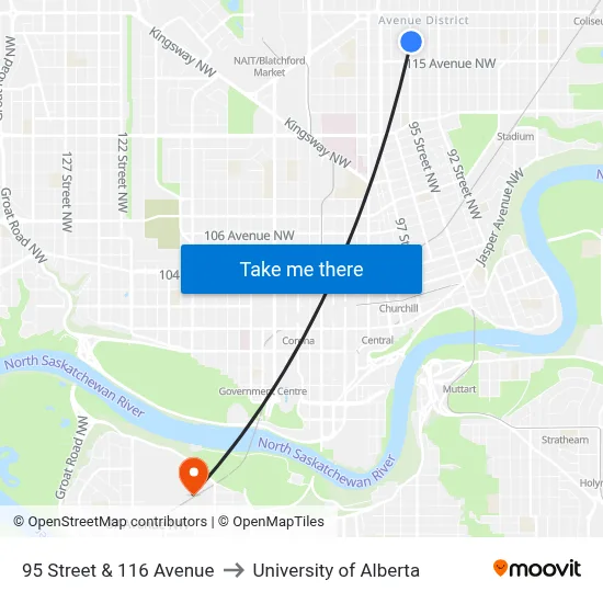 95 Street & 116 Avenue to University of Alberta map