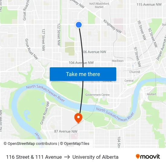 116 Street & 111 Avenue to University of Alberta map