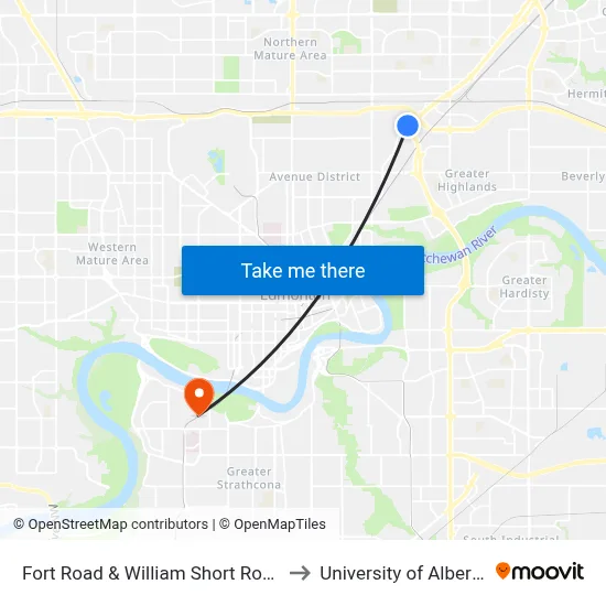 Fort Road & William Short Road to University of Alberta map
