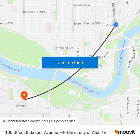 100 Street & Jasper Avenue to University of Alberta map