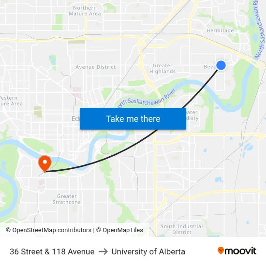 36 Street & 118 Avenue to University of Alberta map