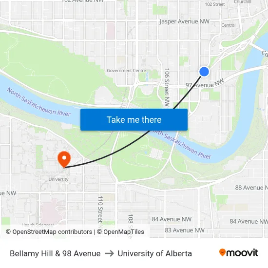Bellamy Hill & 98 Avenue to University of Alberta map